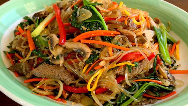 japchae glass noodles stir fried with vegetables youtube thumbnail